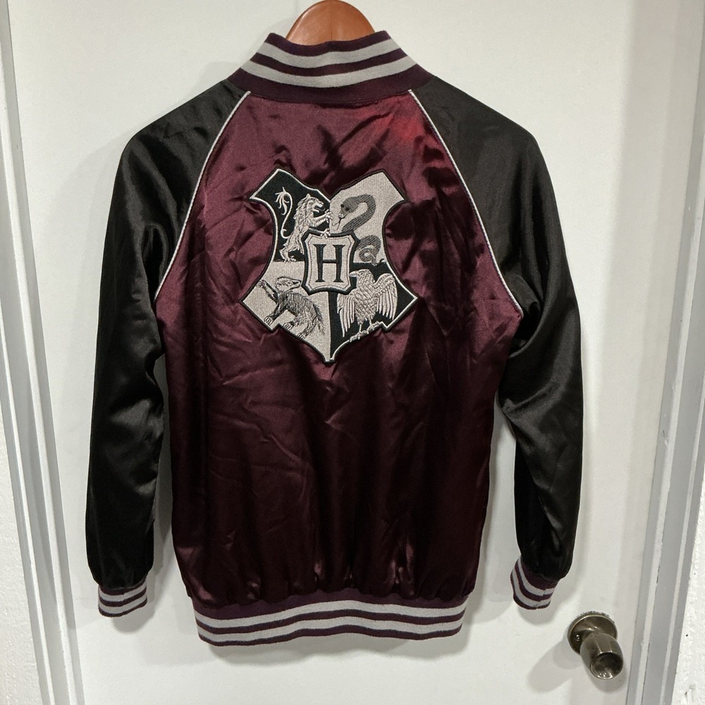 Harry Potter Hogwarts Embroidered Varsity Bomber Jacket Burgundy, Medium, Satin - Picture 6 of 12